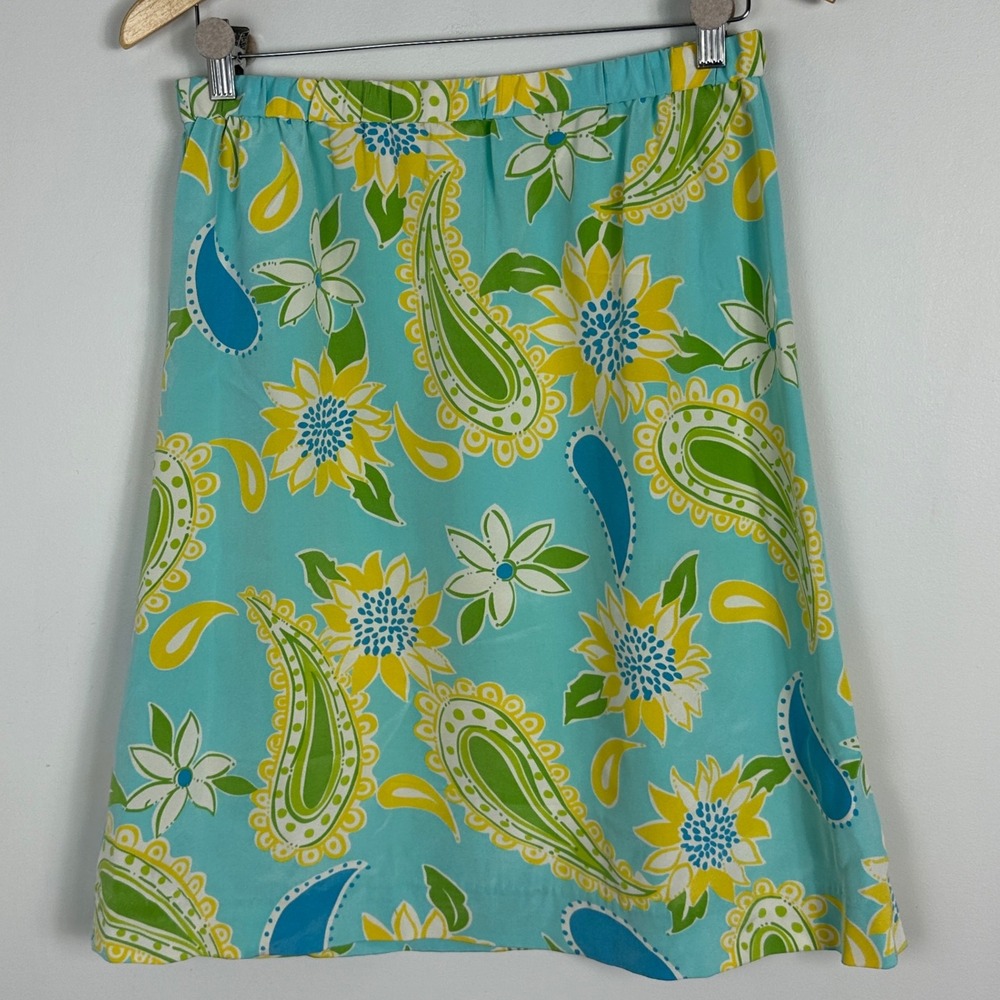Lilly Pulitzer Vtg Silk Blue Green Elastic Waist Floral Midi Skirt A-Line Size 6